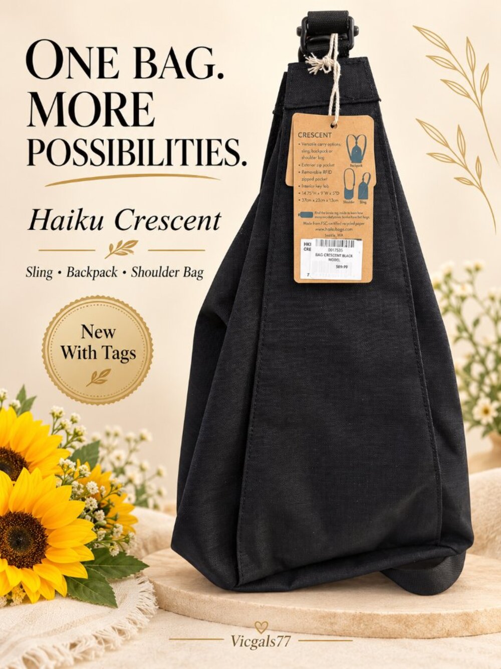 NWT Haiku Crescent Black Convertible Sling Backpack Shoulder Bag
